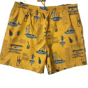 Nautica Yellow Boat Print Swim Trunks Mens XL Mesh Lining Board Shorts Preppy